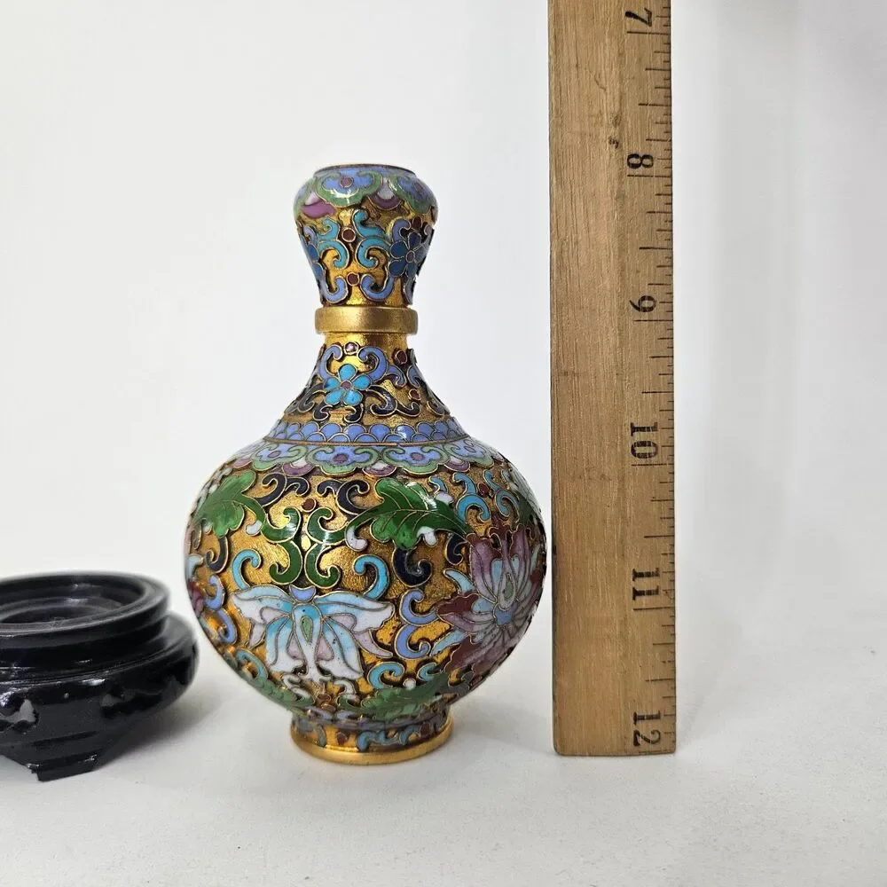 Vintage Chinese Cloisonne Enamel Floral Vase Miniature w/ Stand 20C